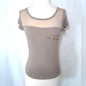 💜 Short Sleeve Splash Women Juniors Top Sheer Nylon Zipper Casual Brown Medium